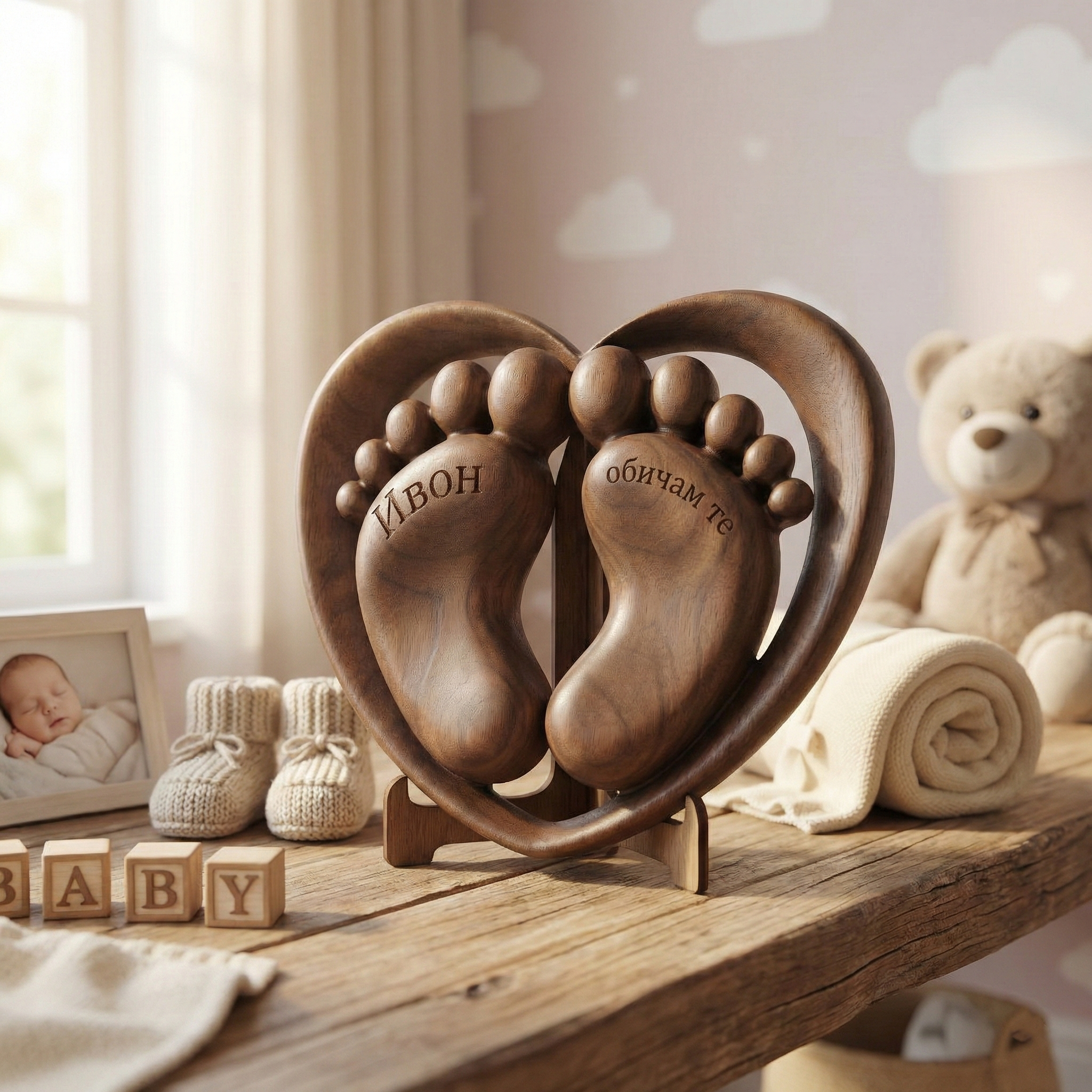 Персонализирана дървена декорация „Първи стъпки в сърцето“