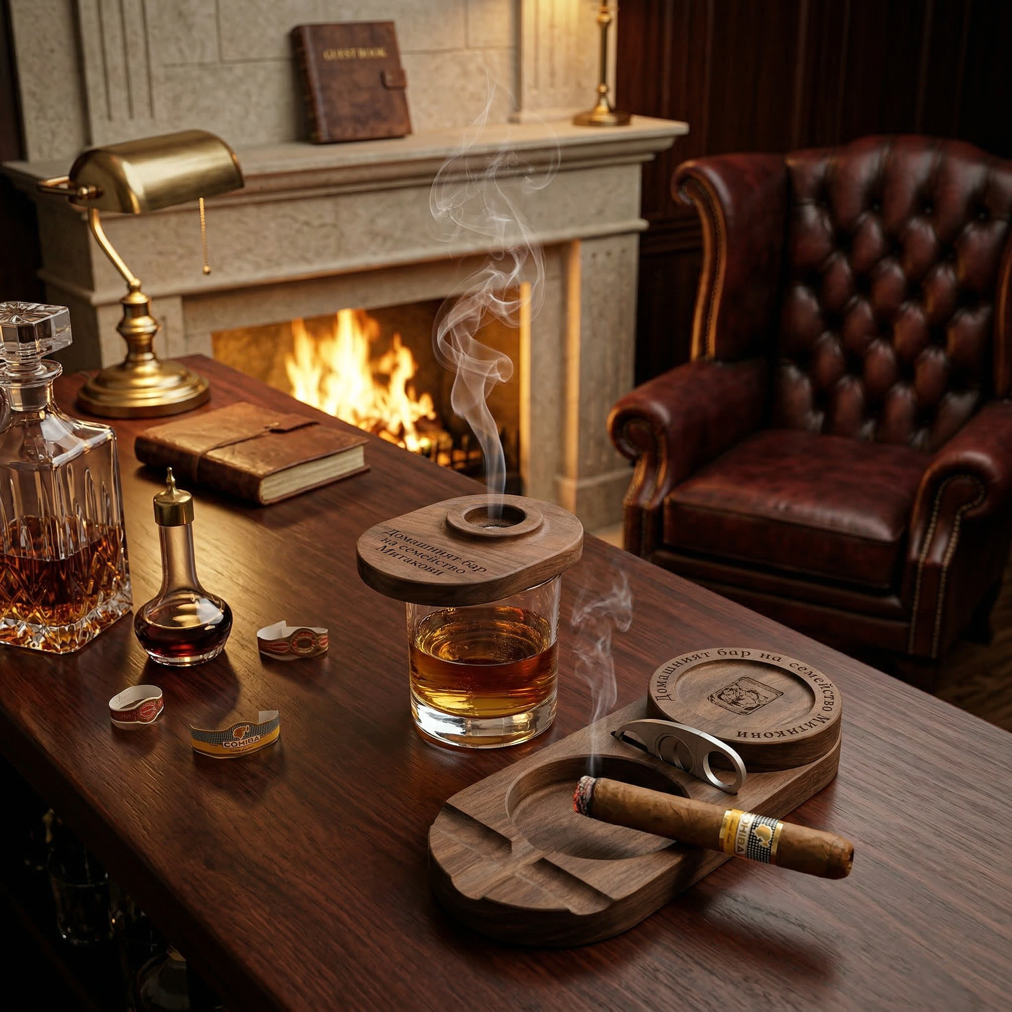 Пълен комплект за опушване на уиски и ръчно изработен пепелник