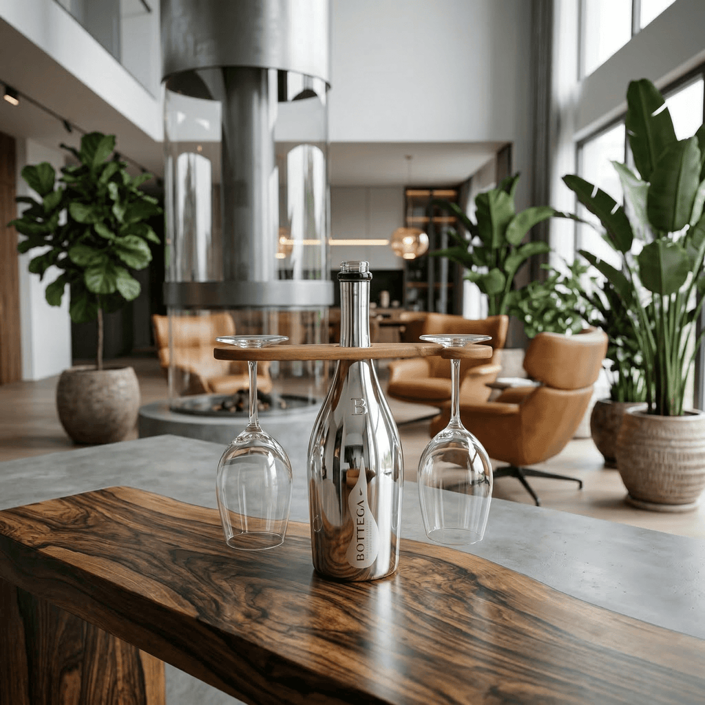 Дървена поставка за бутилка и чаши за вино върху маса от масив, изискан подарък за нов дом, юбилей или любител на виното.