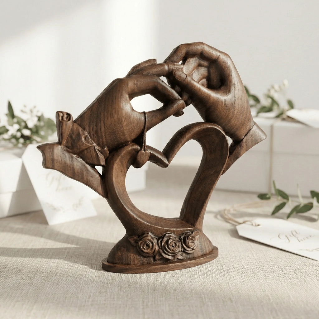 Dekorativer Holzrahmen mit Herz, Rosen und Händesilhouette, im hellen Interieur ohne eingelegtes Foto