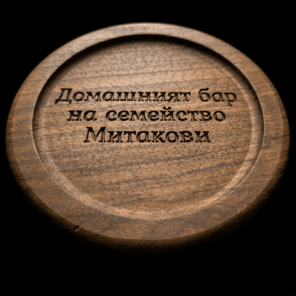 Кръгла дървена подложка с гравиран персонален надпис, близък план на естествена текстура и ръчно финиширан ръб