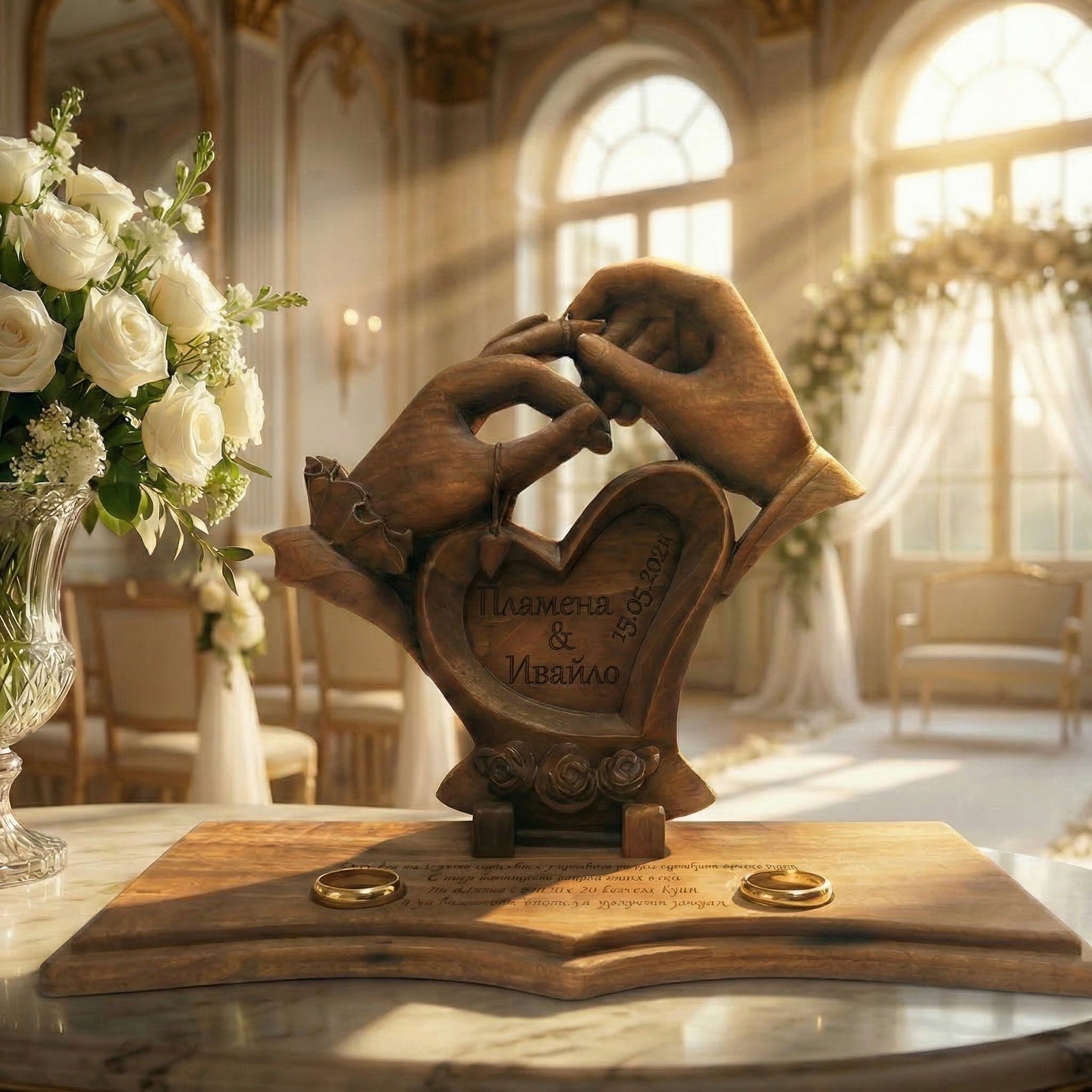 „Ритуал на Свещения Обет“ – Дизайнерска поставка за халки и венчална рамка - CrafTech