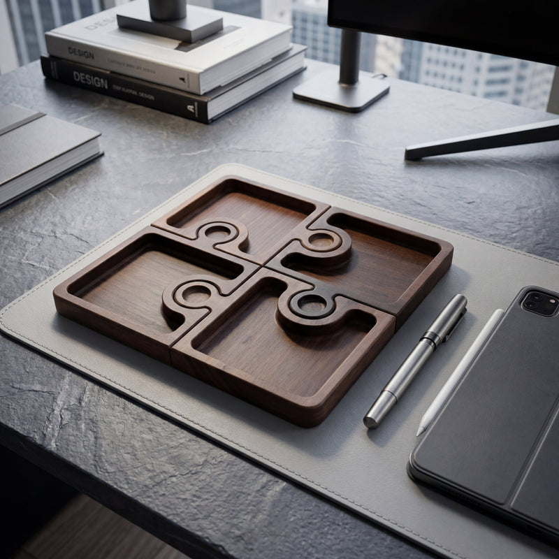 Модулно дървено плато „Пъзел“ с четири части върху бюро, елегантен органайзер за дребни вещи и премиум декор.