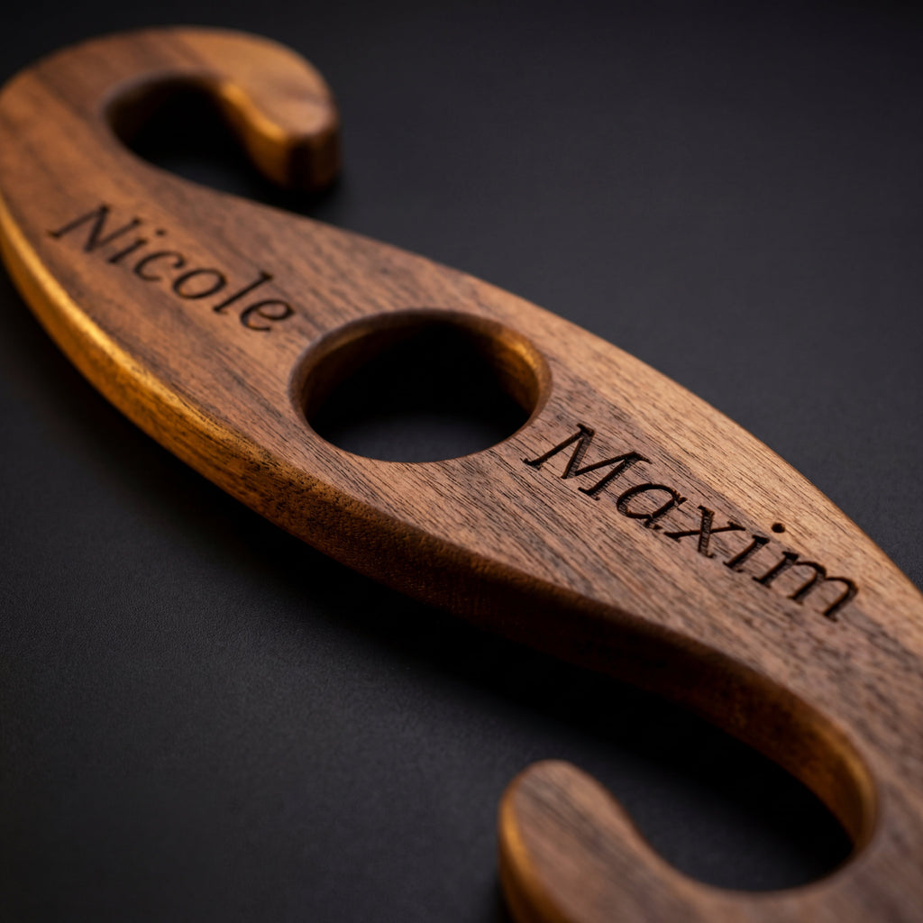 Персонализирана дървена поставка за бутилка и чаши за вино с гравирани имена, близък план върху орехово дърво и фин ръчен финиш.